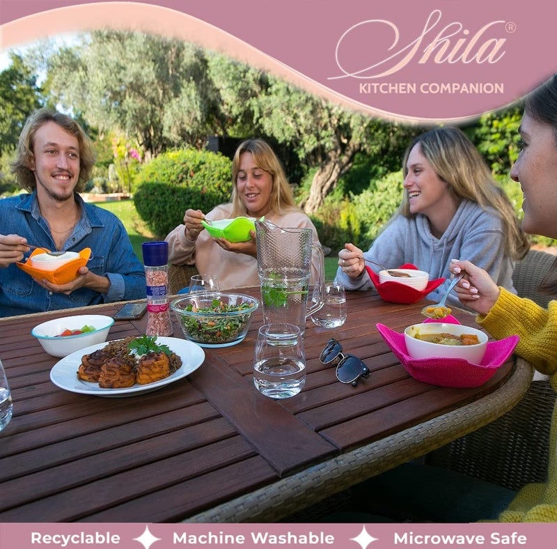 SHILA Bowl Snuggies, Multicolor Set of 5 Microwave-Safe Hot Bowl Holders to Keep Your Hands Cool and Your Food Warm, Polyester & Sponge Heat Resistant Dish Pads for Soup, Rice and Pasta - Image 5